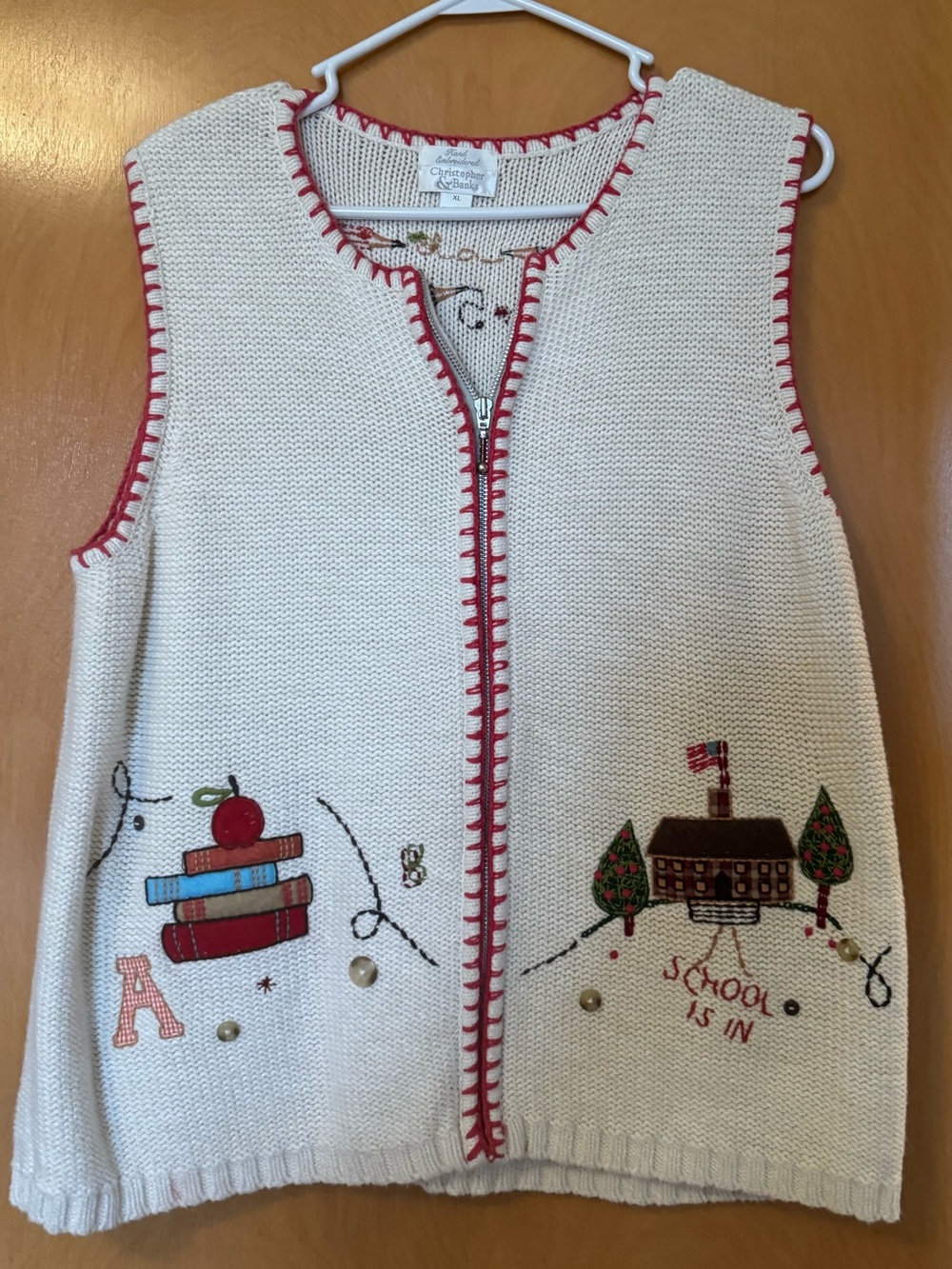 Christopher & Banks Cream Knit Schoolhouse Vest with Red Trim